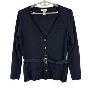 Vintage Talbots Black Cardigan Sweater V-Neck Belted Large Cotton blend